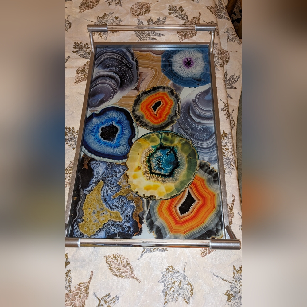 Tray Geode Art Print Metal Framed Image Acrylic Handle Modern Bar Cart Colors